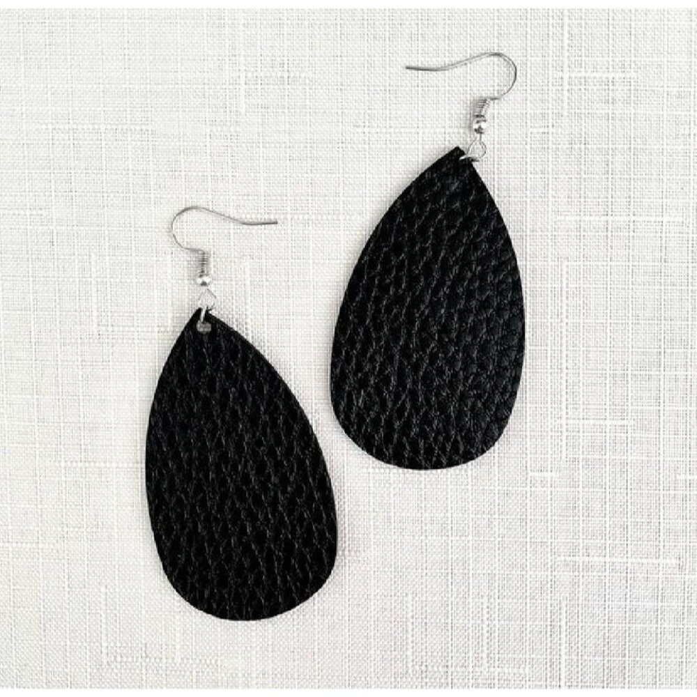 Teardrop Faux Leather Earrings in Midnight Black Lightweight New Textured